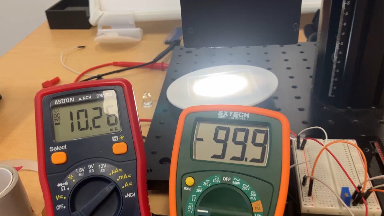 Indoor bench with two multimeters reading current and voltage under a lamp